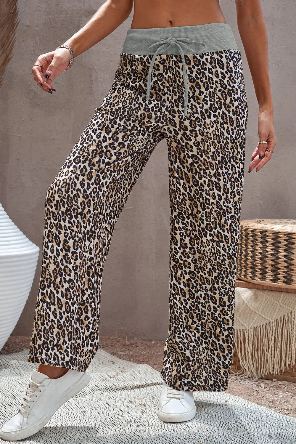 Camouflage Print Drawstring Waist Wide Leg Pants