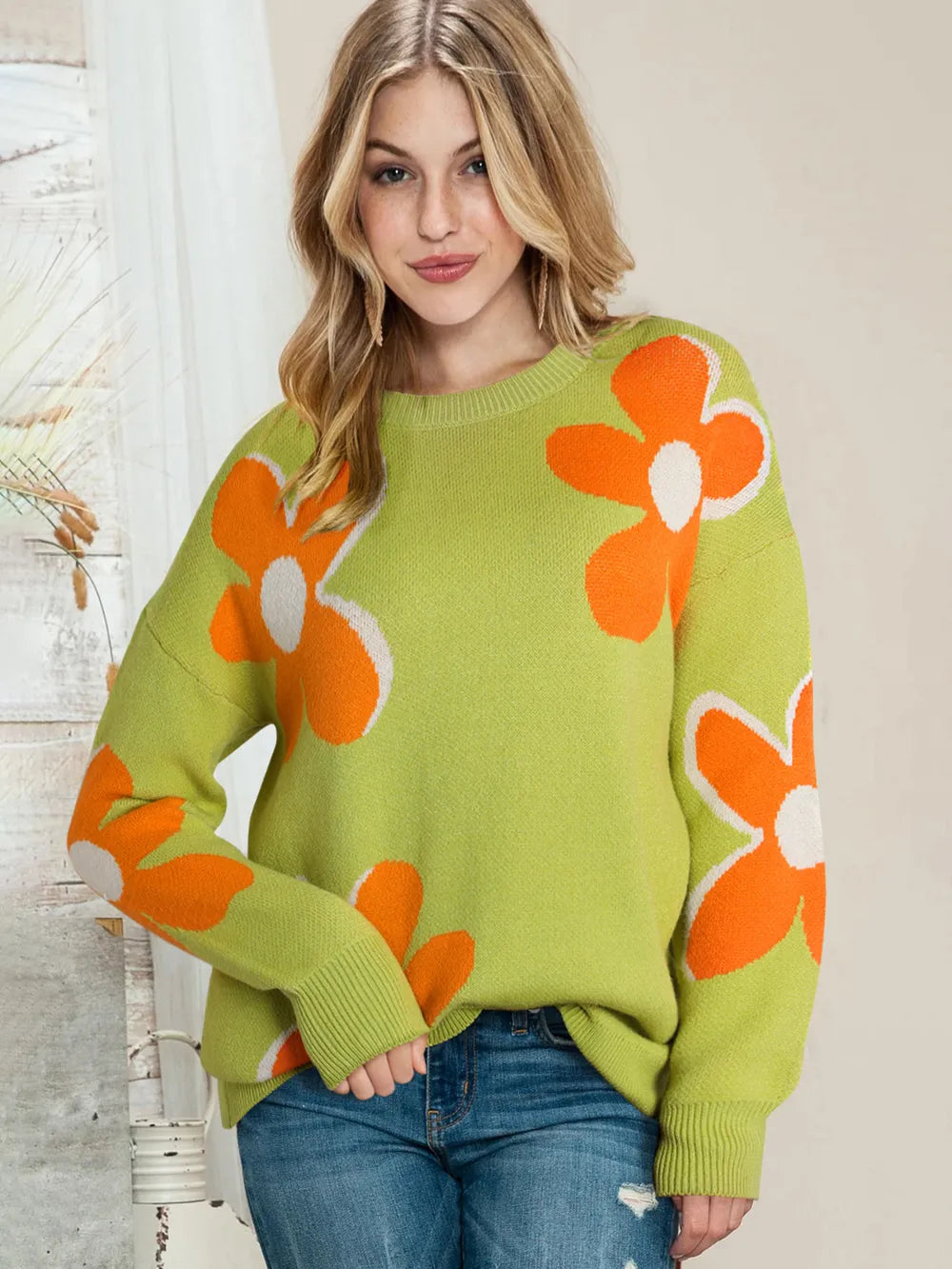 Flower Round Neck Dropped Shoulder Sweater