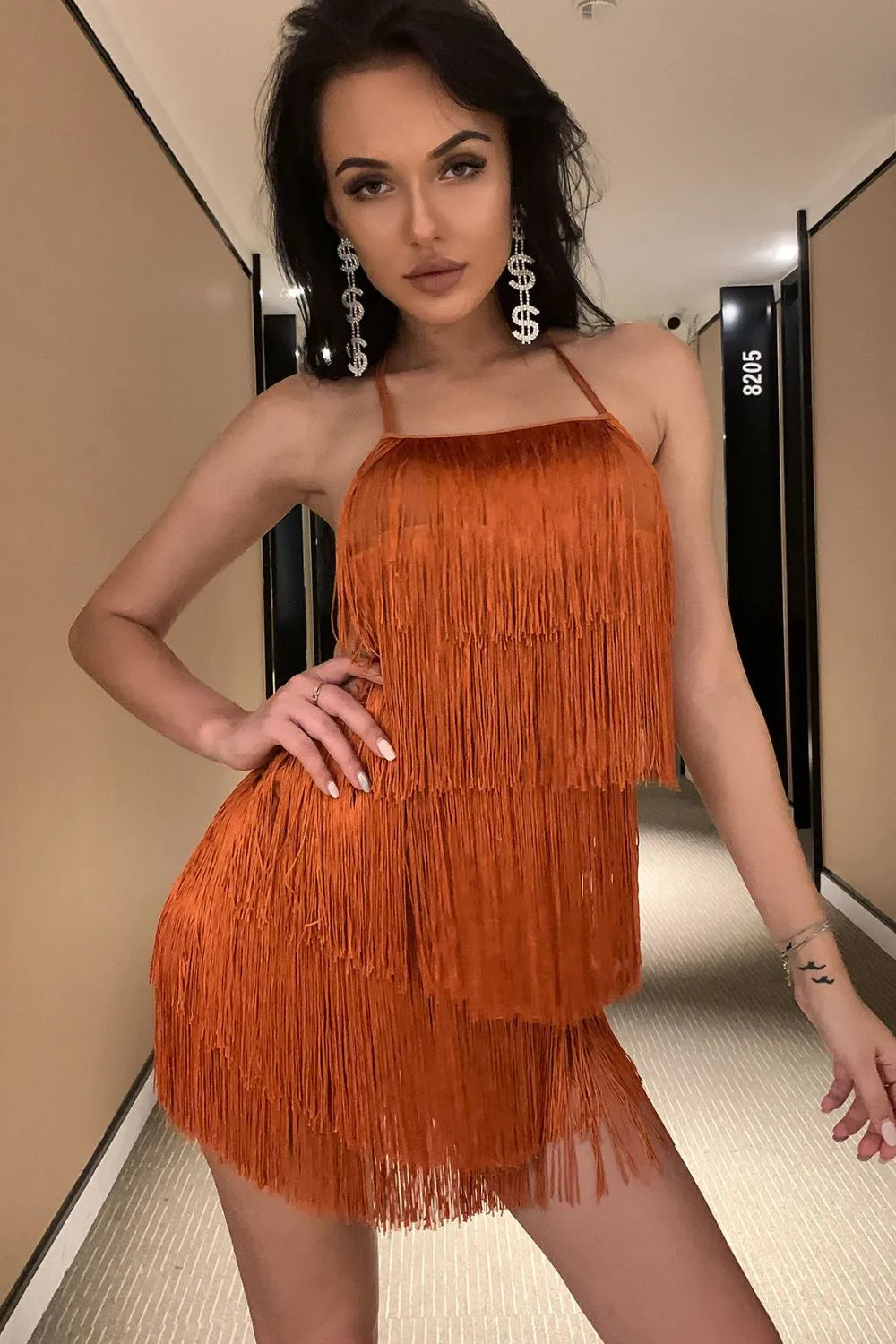 Backless Halter Neck Fringe Romper
