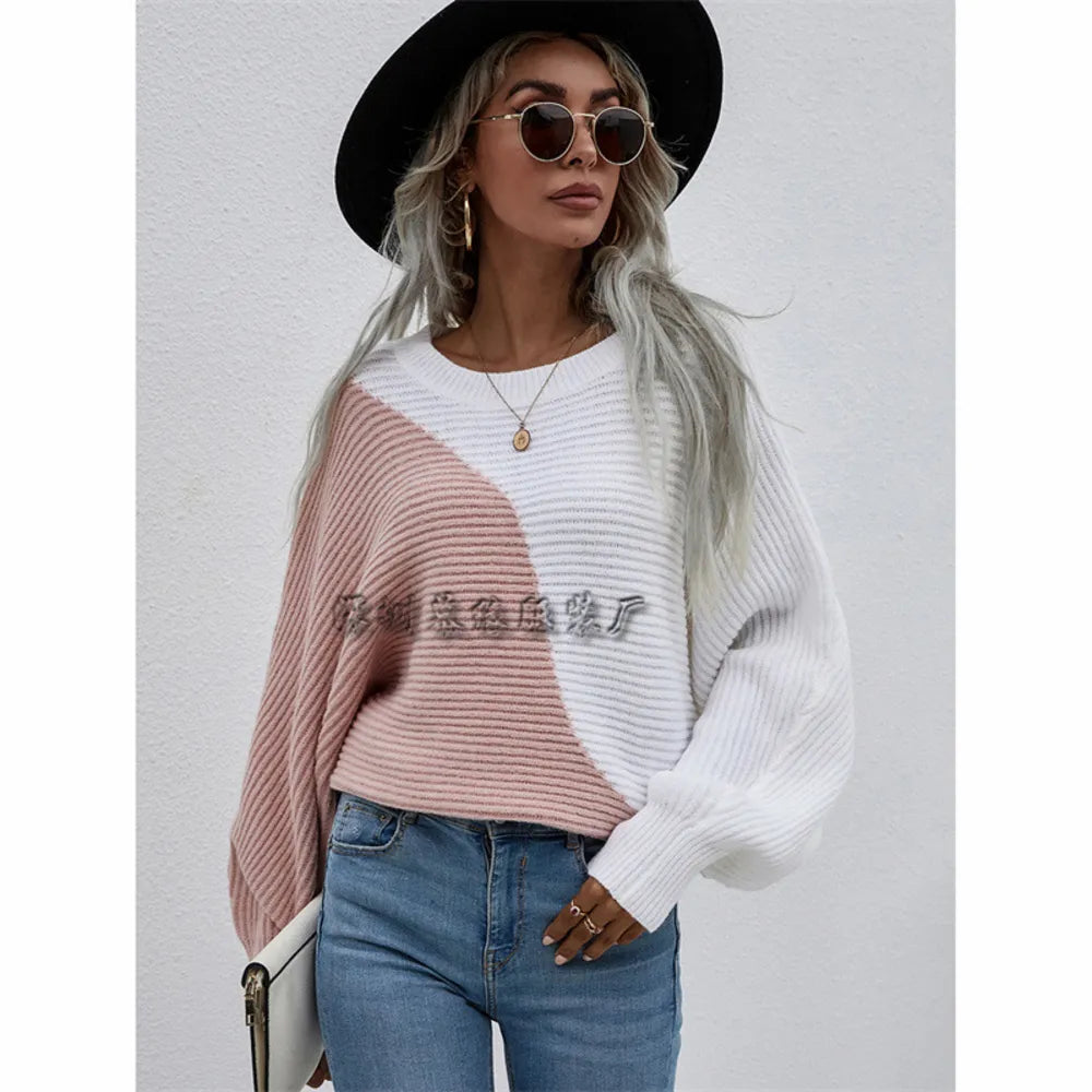 Color Block Horizontal Ribbing Dolman Sleeve Sweater