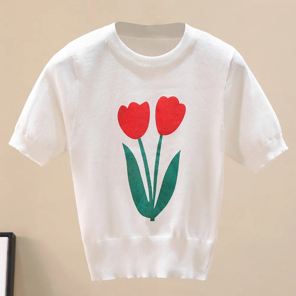 Flower Graphic Ribbed Trim Knit Top