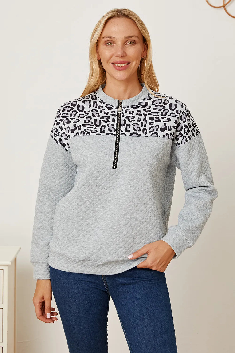 Leopard Half Zip Dropped Shoulder Sweatshirt
