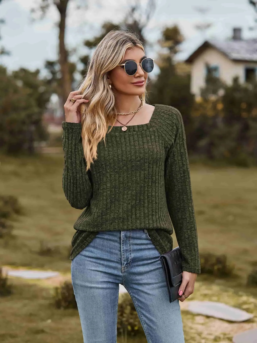 Ribbed Square Neck Long Sleeve Tee