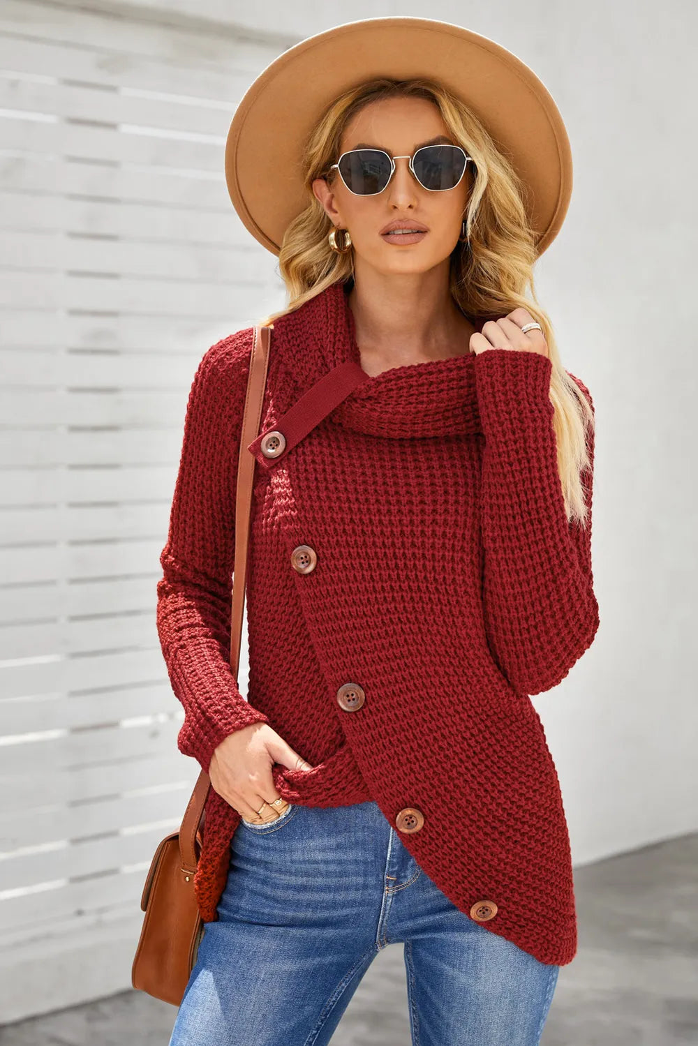 Decorative Button Mock Neck Sweater