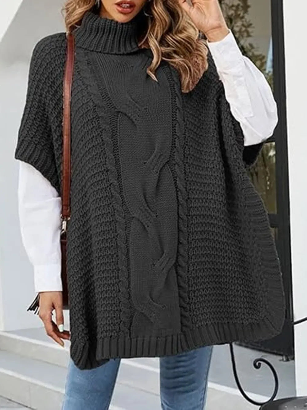 Cable-Knit Half Sleeve Turtleneck Sweater