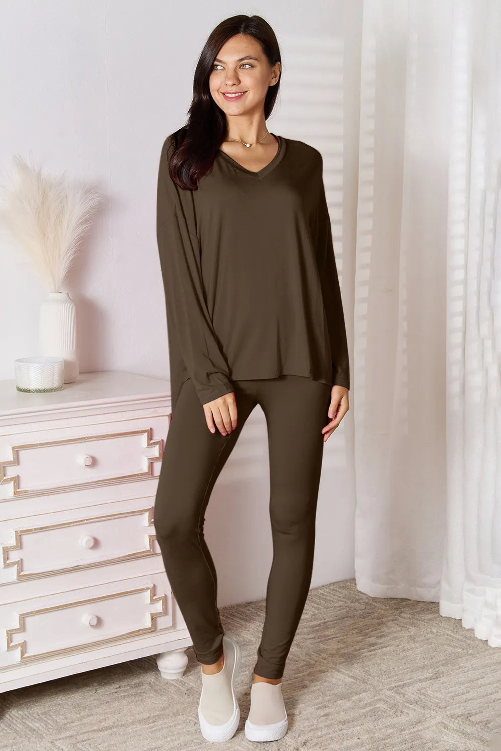 Basic Bamboo Full Size V-Neck Long Sleeve Top and Pants Lounge Set