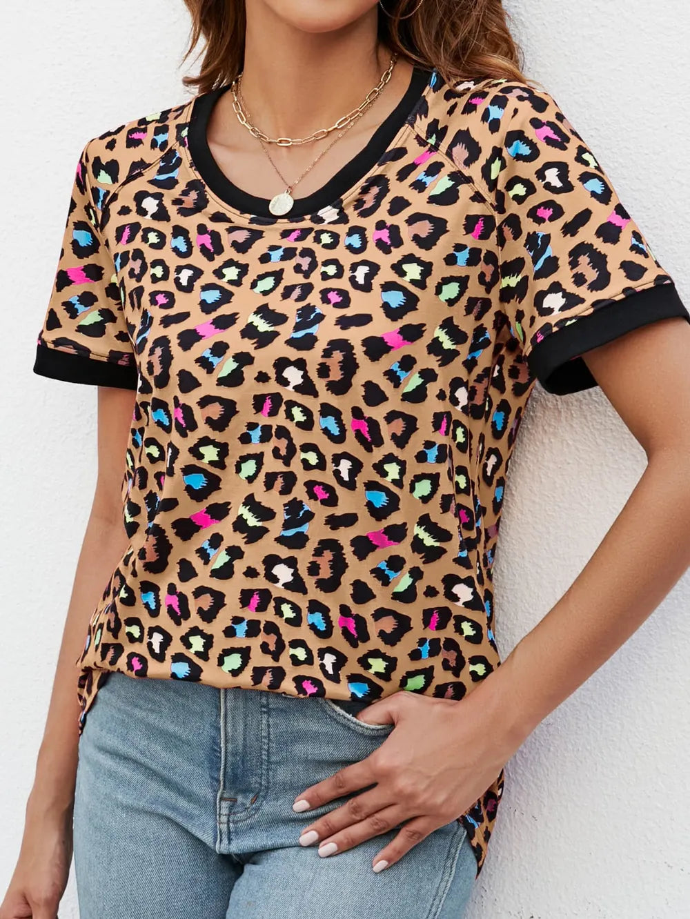Leopard Round Neck Short Sleeve Tee Shirt