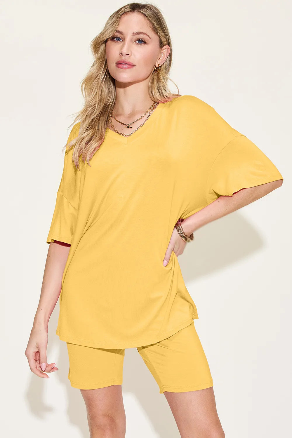 Basic Bamboo Full Size  V-Neck Drop Shoulder T-Shirt and Shorts Set