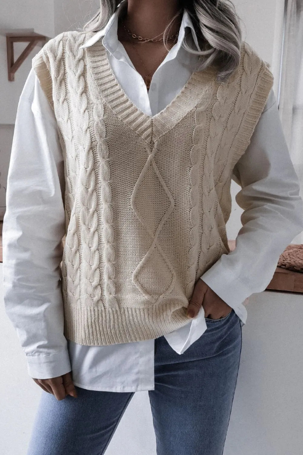 Cable-Knit Ribbed Trim V-Neck Sweater Vest