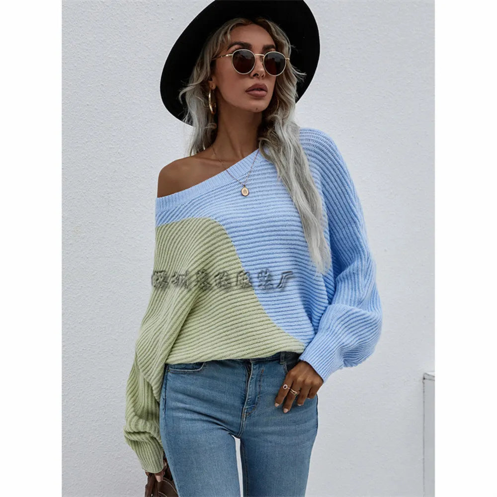 Color Block Horizontal Ribbing Dolman Sleeve Sweater
