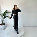 INS new fashion casual suit, high-end satin, stylish long-sleeve shirt, high-waist flared skirt, two-piece set