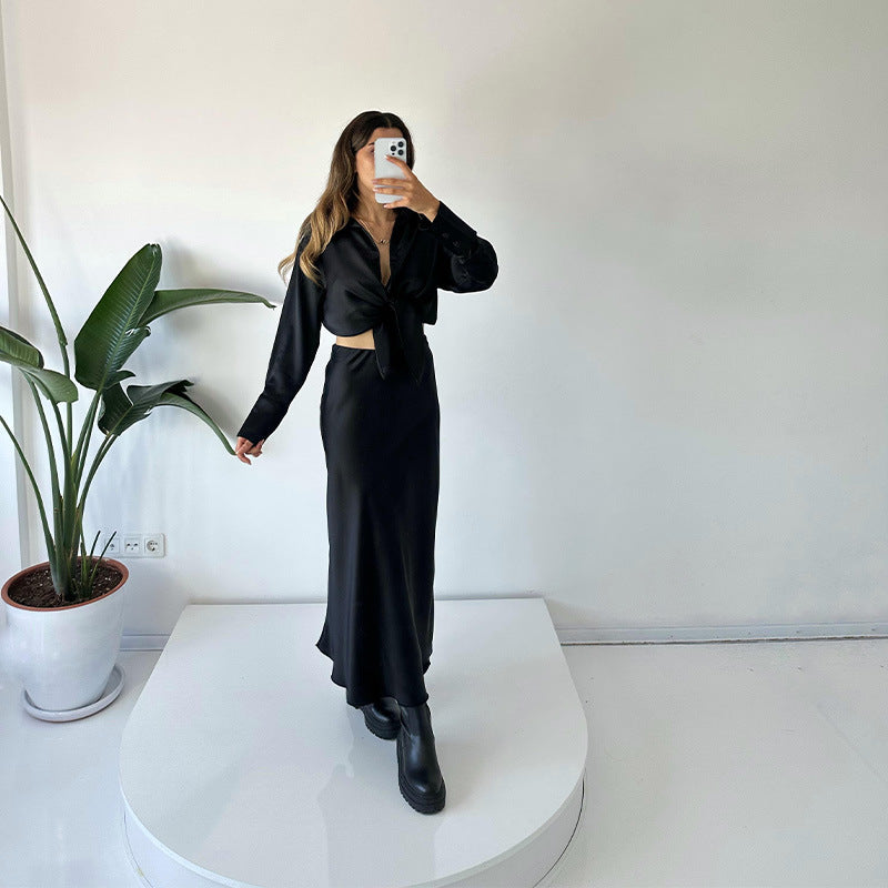 INS new fashion casual suit, high-end satin, stylish long-sleeve shirt, high-waist flared skirt, two-piece set