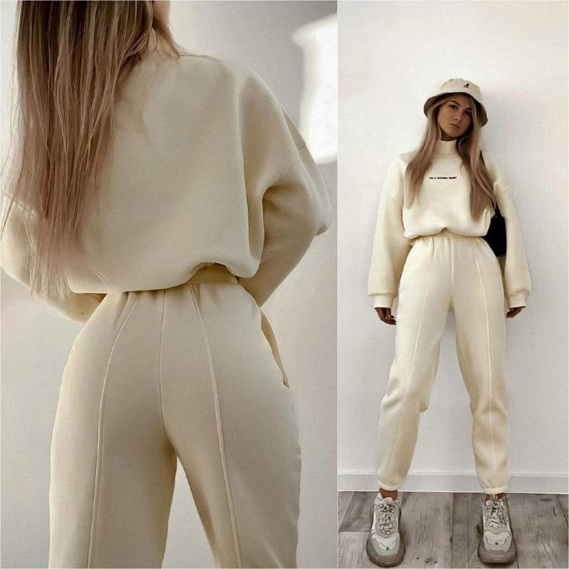 Autumn and winter fashion casual sweatshirt set, embroidered letter high-neck top, drawstring patchwork sweatpants, two-piece set for women