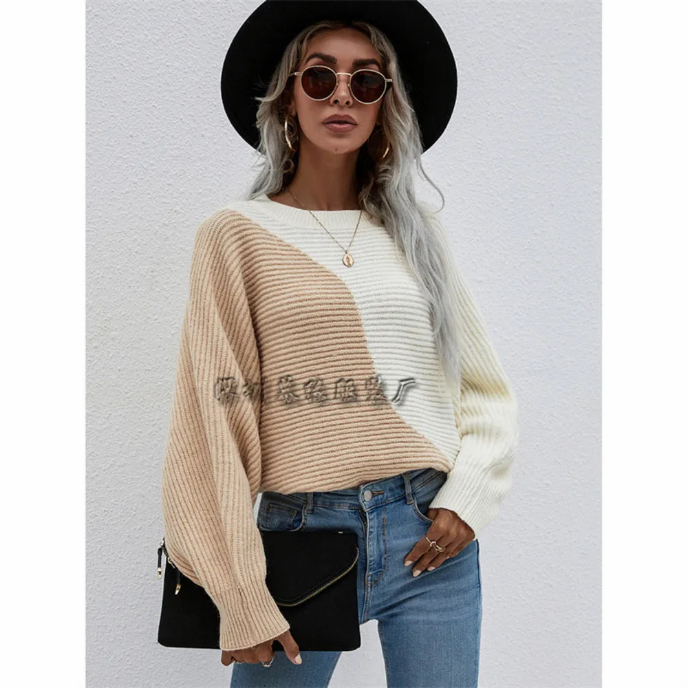 Color Block Horizontal Ribbing Dolman Sleeve Sweater