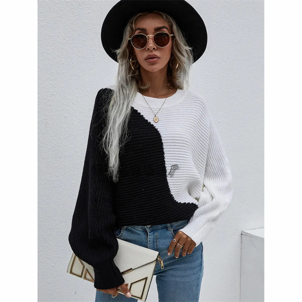 Color Block Horizontal Ribbing Dolman Sleeve Sweater