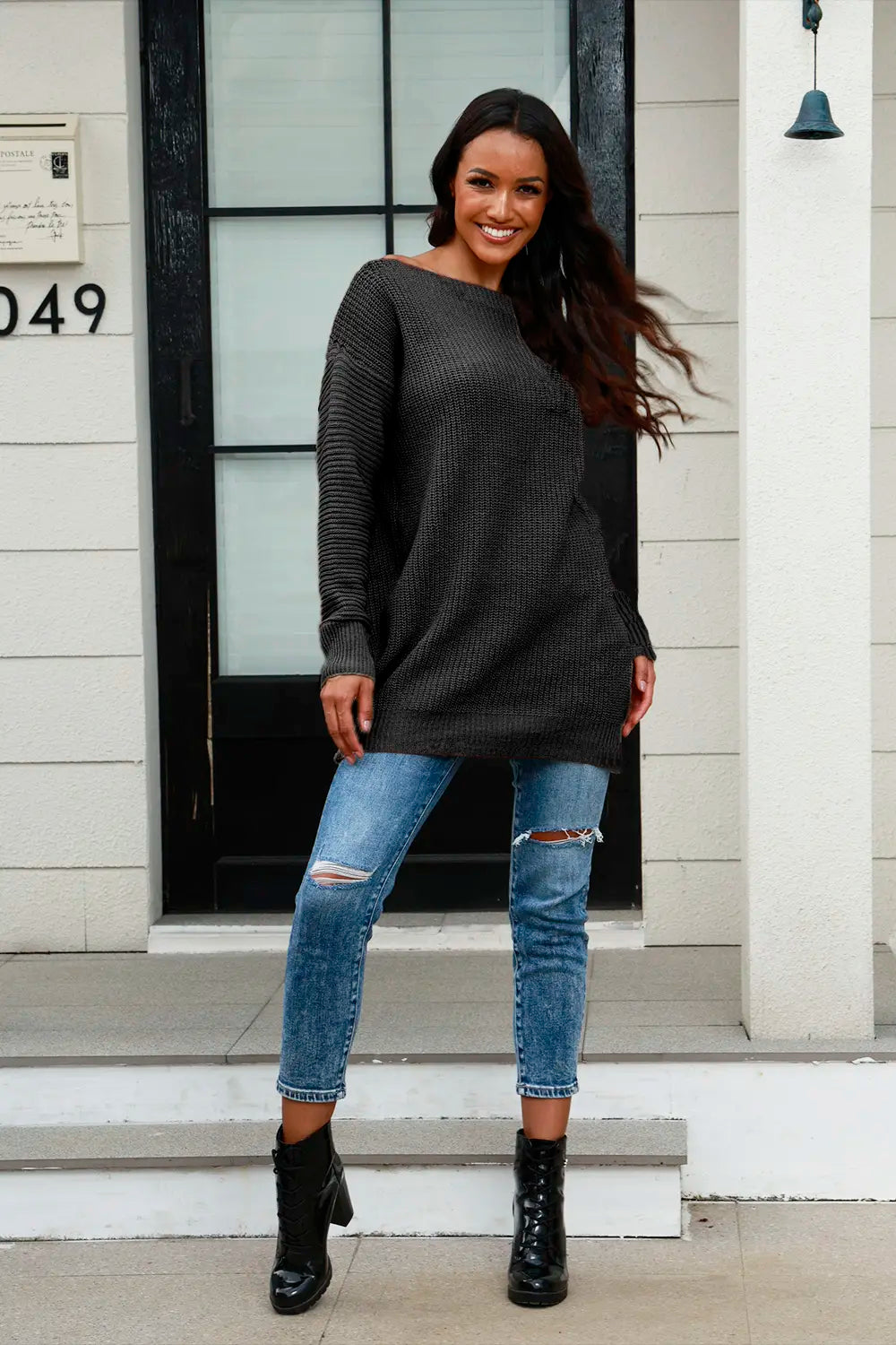 Boat Neck Dropped Shoulder Sweater