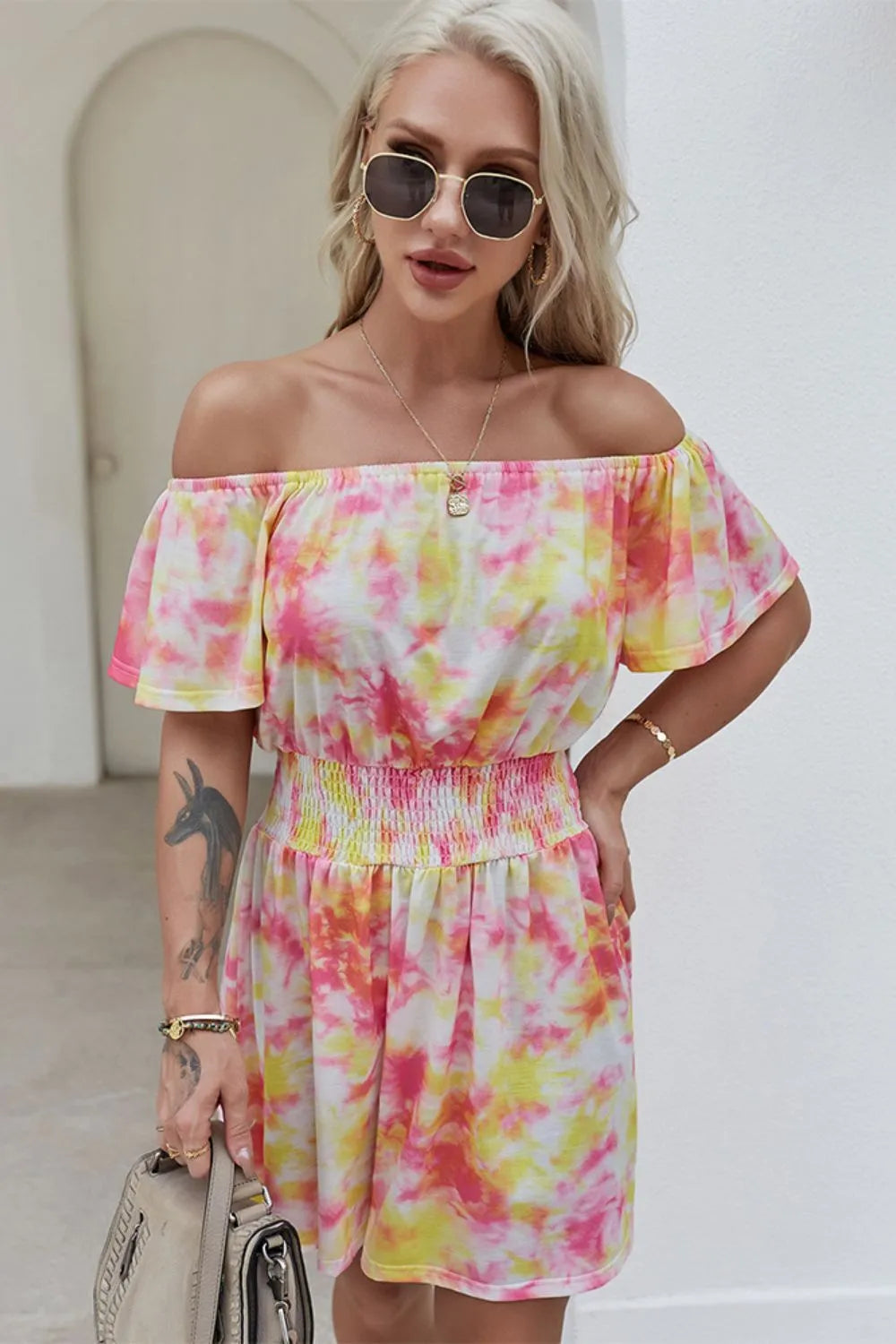 Off-Shoulder Short Flutter Sleeve Mini Dress