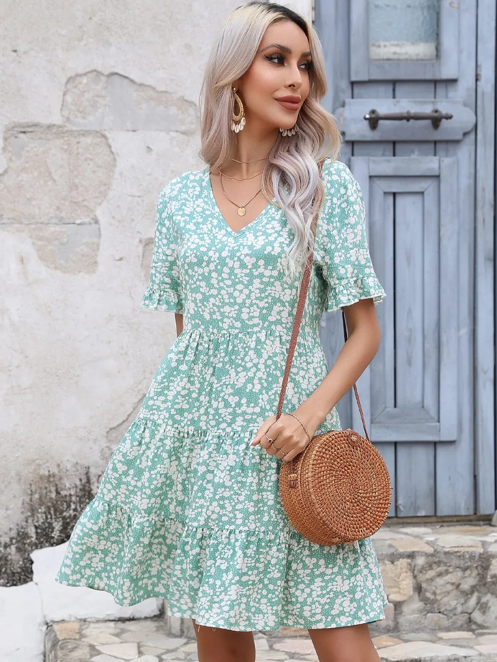 Floral V-Neck Short Sleeve Tiered Dress