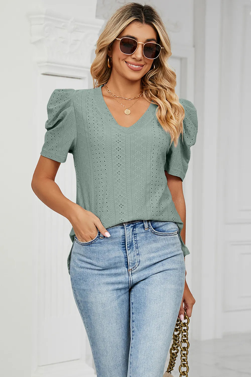 Eyelet V-Neck Short Sleeve Blouse