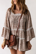 Floral Pleated Flare Sleeve Blouse