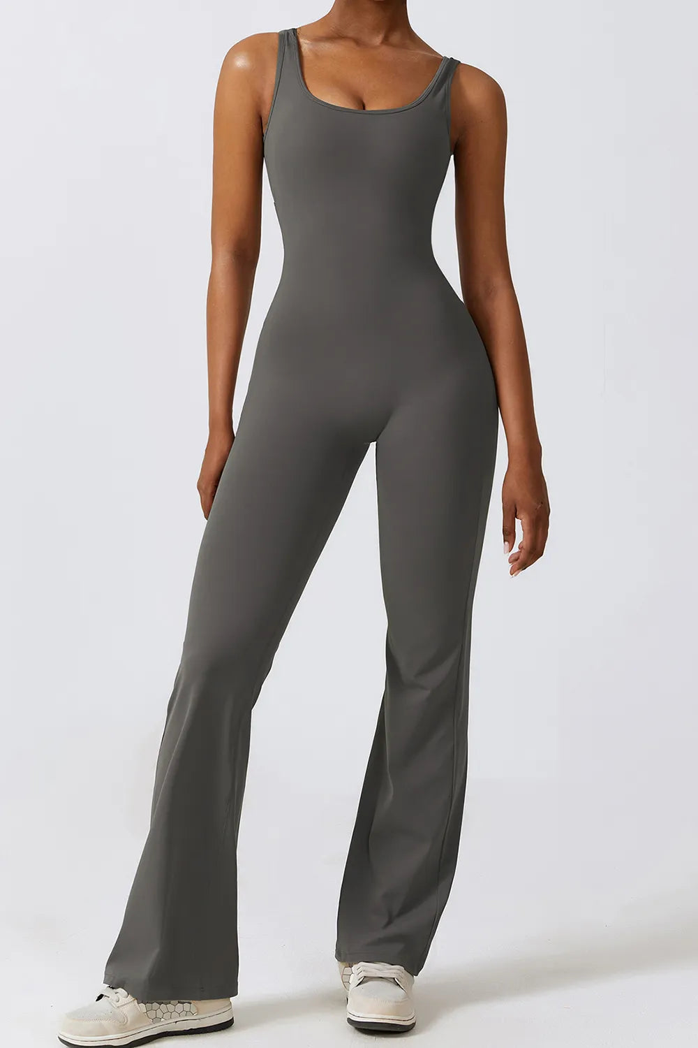 Basic Cutout Ruched Bootcut Sleeveless Active Jumpsuit