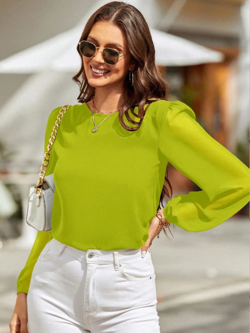 Round Neck Balloon Sleeve Blouse