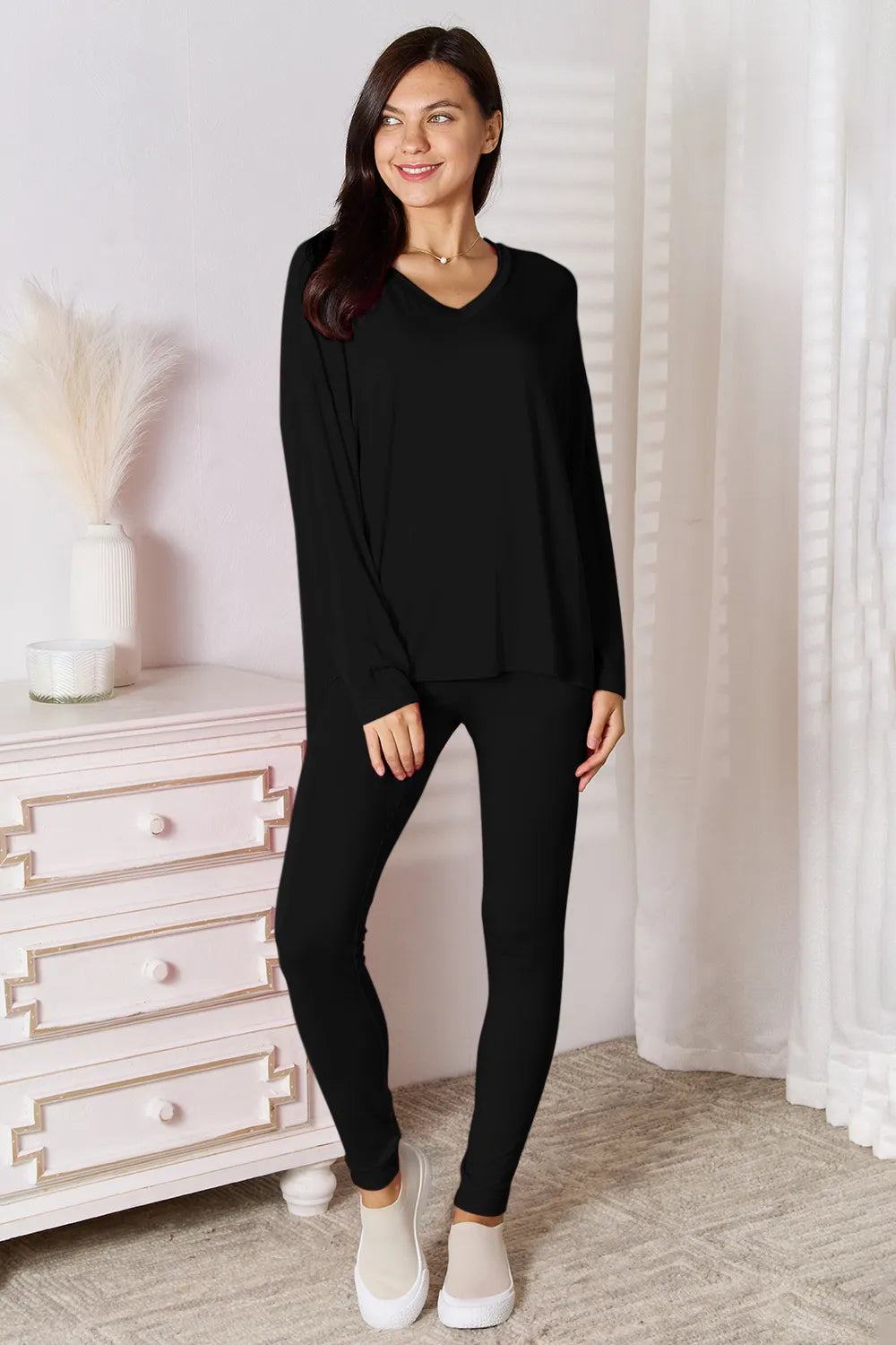 Basic Bamboo Full Size V-Neck Long Sleeve Top and Pants Lounge Set