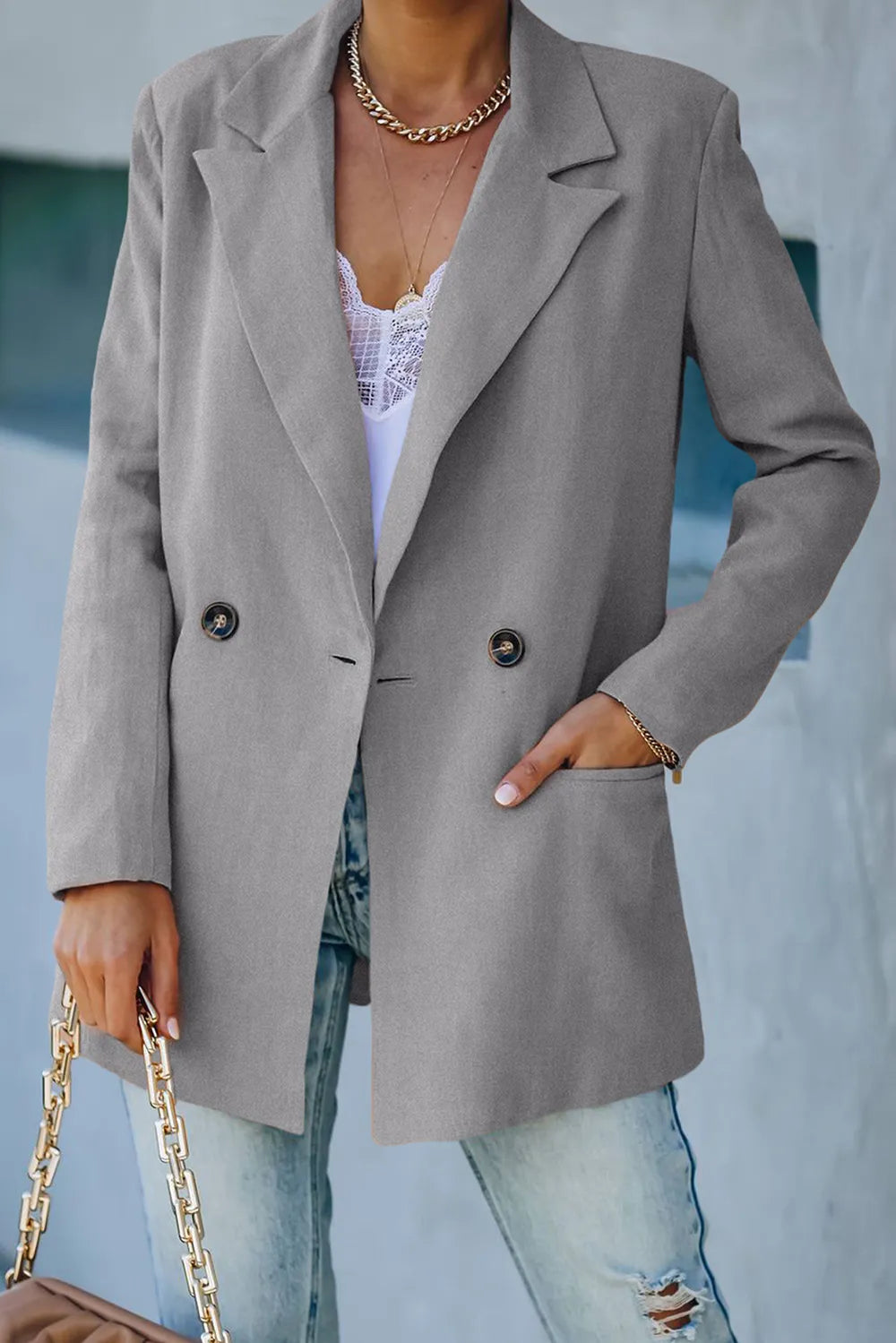 Double Take Double-Breasted Padded Shoulder Blazer with Pockets