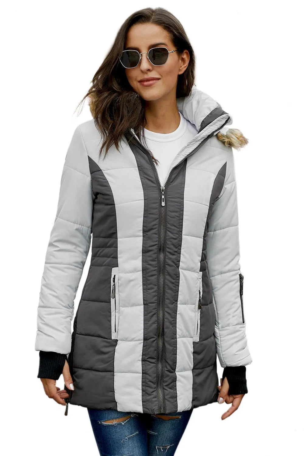 Color Block Zipper Down Hooded Jacket