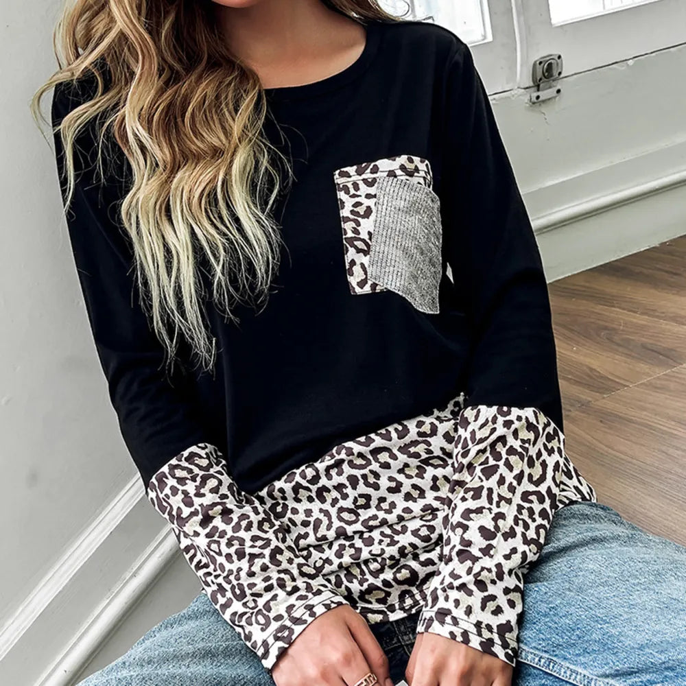 Contrast Leopard Color Block Pocket Tee