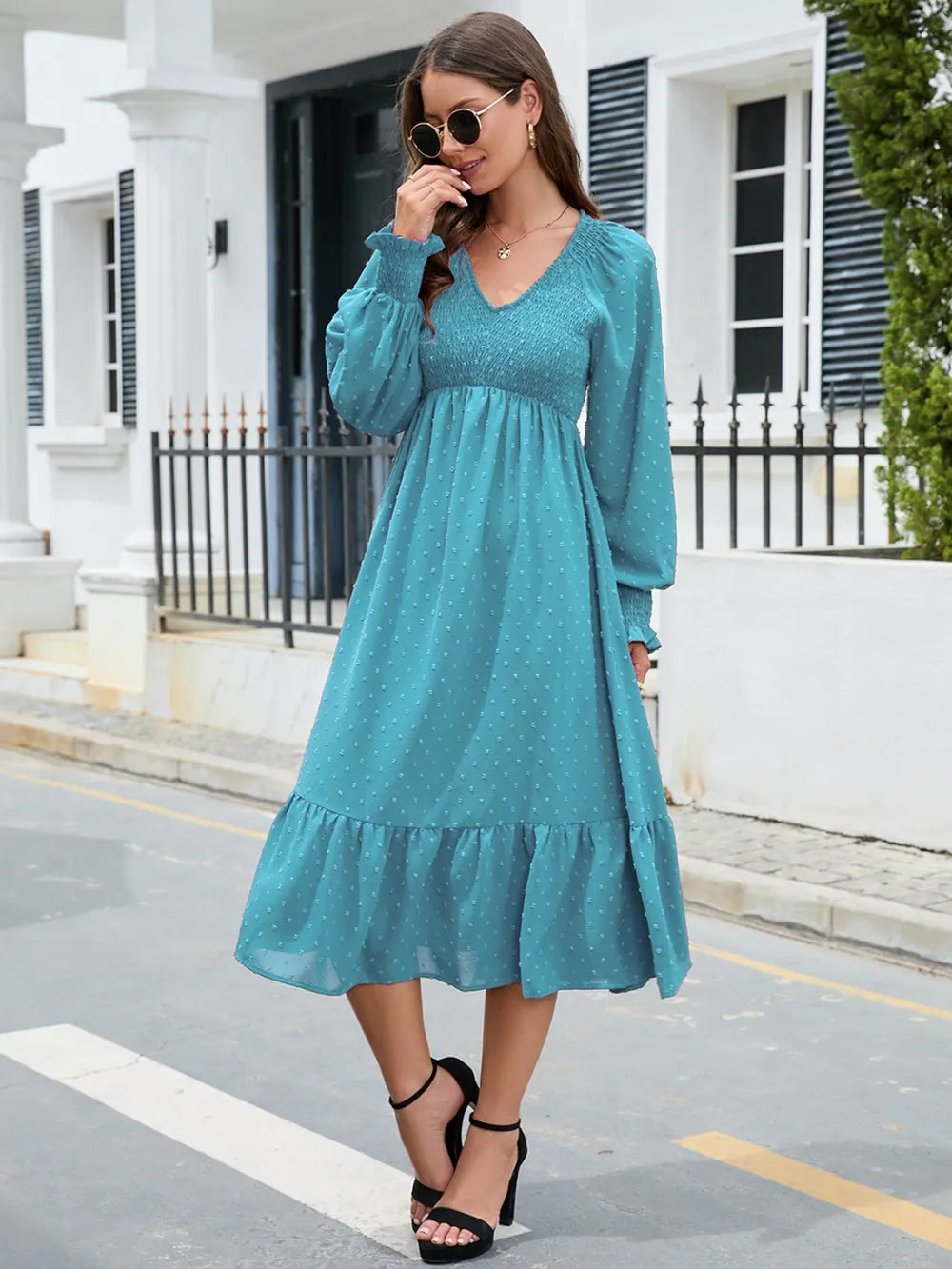 Swiss Dot V-Neck Smocked Lantern Sleeve Ruffle Hem Dress