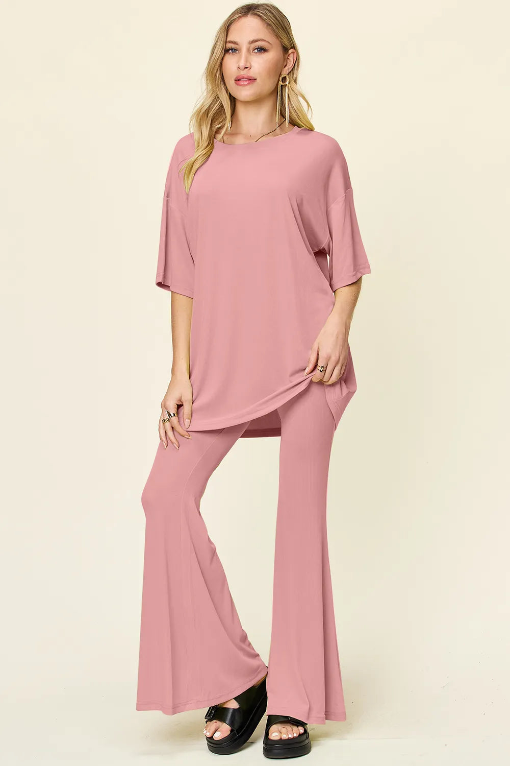 Double Take Full Size Round Neck Drop Shoulder T-Shirt and Flare Pants Set