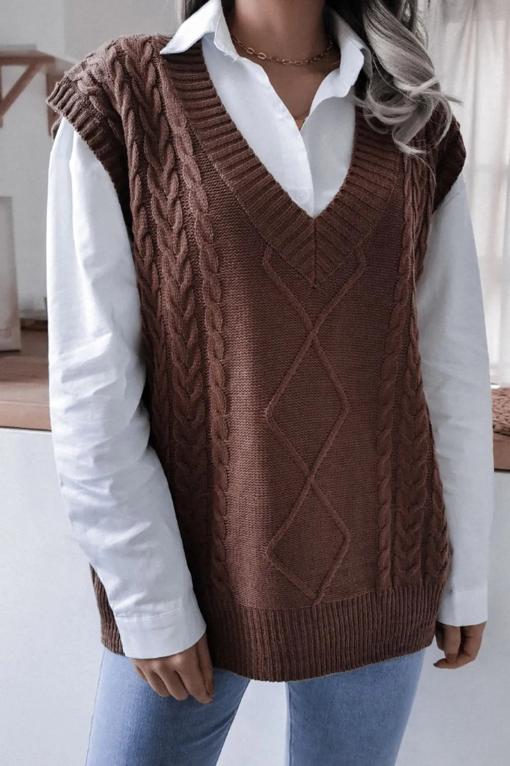 Cable-Knit Ribbed Trim V-Neck Sweater Vest