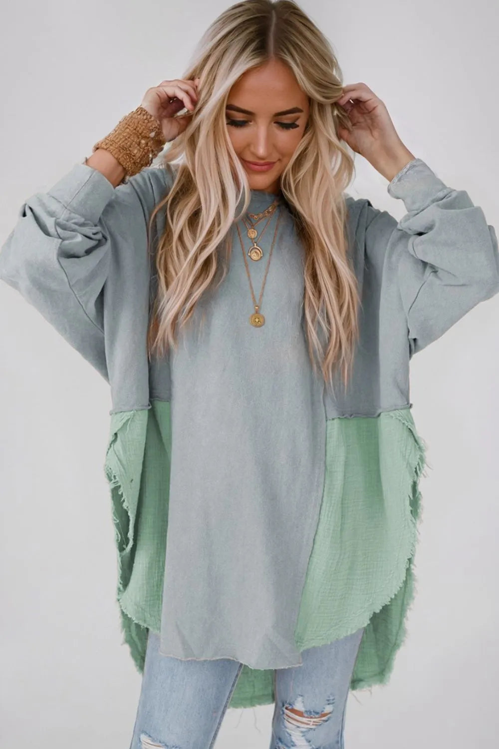 Contrast Texture Round Neck Long Sleeve Blouse